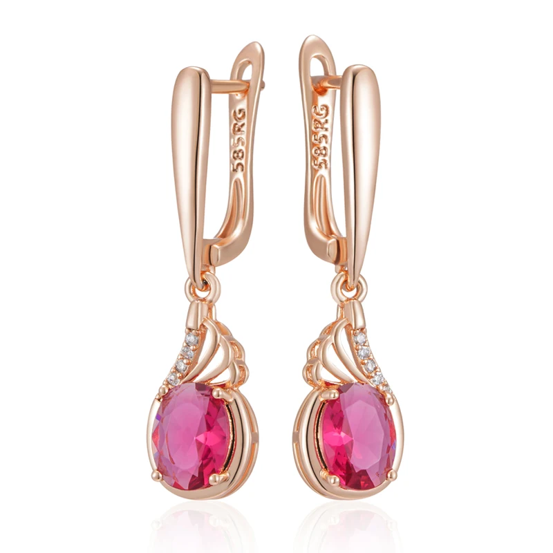 Kinel Shiny Red Oval Natural Zircon Drop Earrings for Women Fashion 585 Rose Gold Color Vintage Wedding Party Fine Daily Jewelry