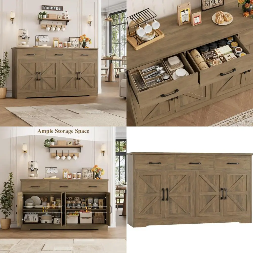Farmhouse Style Large Buffet Cabinet with Storage, 3 Drawers, Wood Kitchen Coffee Bar Sideboard