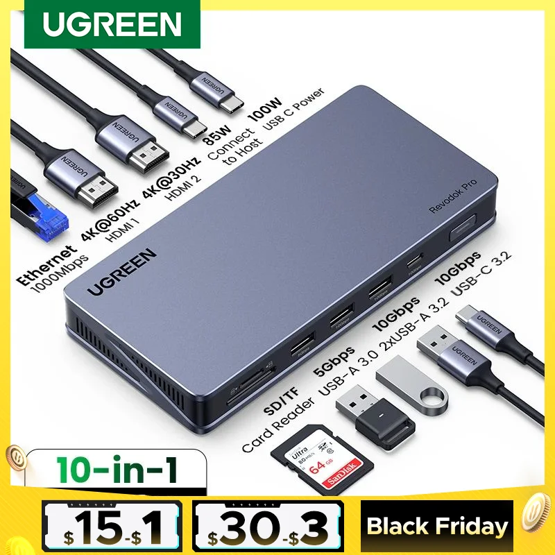 UGREEN Двойной HDMI USB C HUB 4K60Hz HDMI адаптер с RJ45 10 Гбит/с USB3.2 PD 100W док-станция для MacBook Pro Air M2 M1