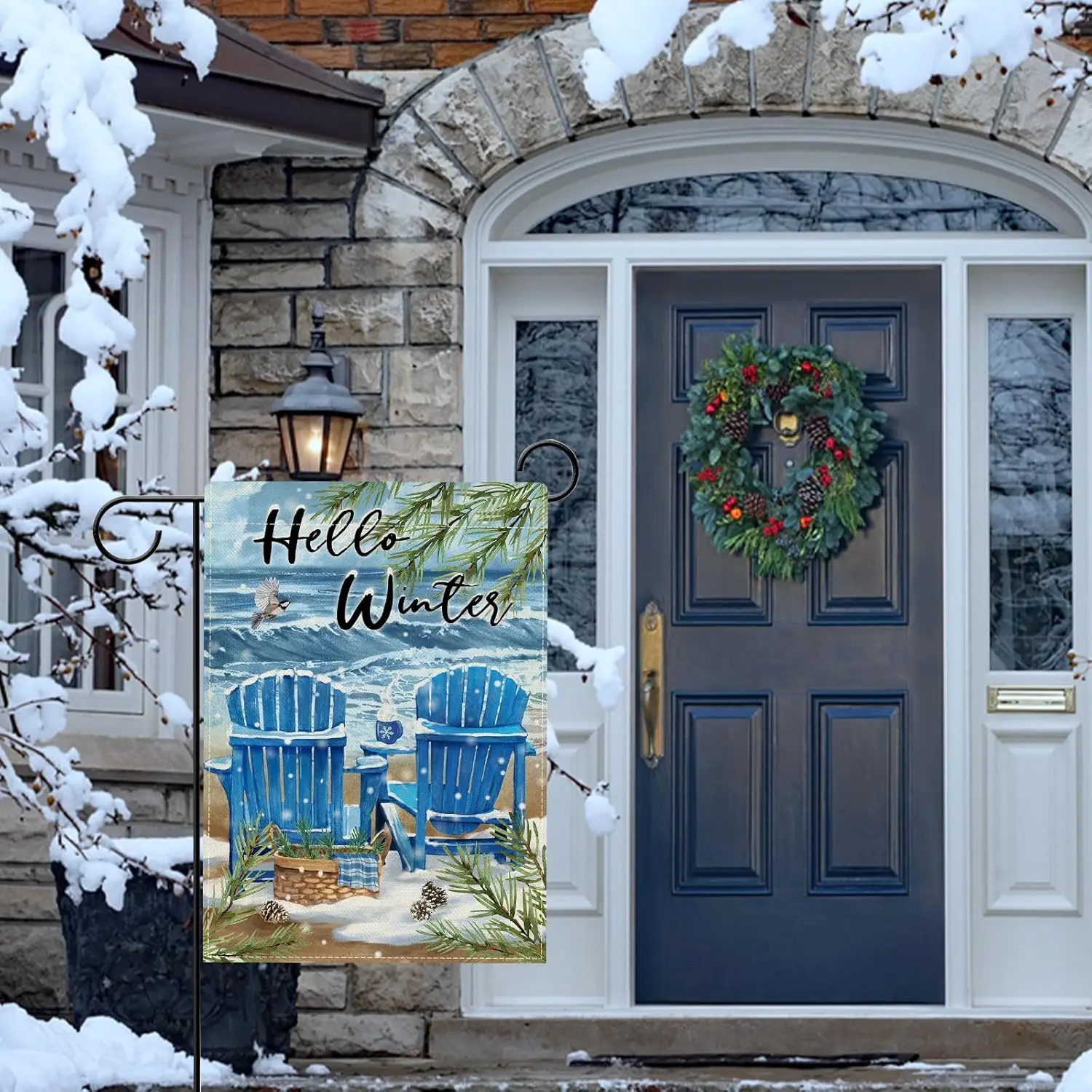 Hzppyz Hello Winter Blue Sea Chairs Garden Flag Double Sided, Beach Ocean Pine Tree Coastal Decorative Yard Outdoor Home Sma LLG