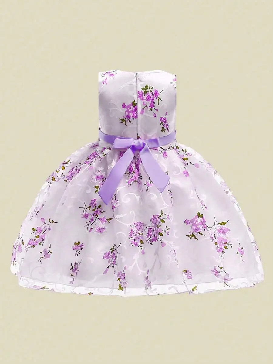 

Women Sleeveless Round Neck Floral Print Tulle Dress Elegant