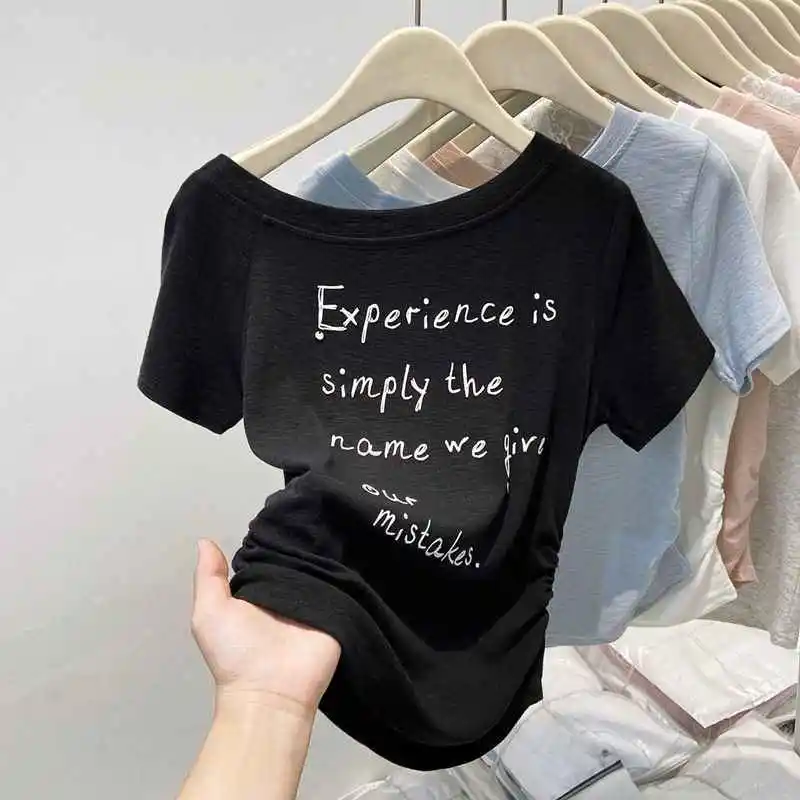 Sommer Skew Kragen T-shirt für Frauen Brief Gedruckt Modal Kurzarm Top Koreanische Casual Mode Weibliche Off Schulter Tees