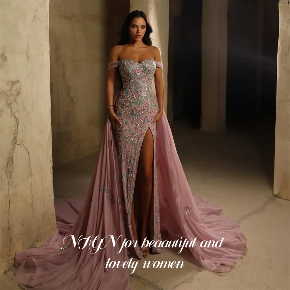 NFYN Dusty Pink Ball Gown Prom Dress Off Shoulder Floral Rhinestone Appliques Pleated Tulle Evening Gown Party Dress Customized
