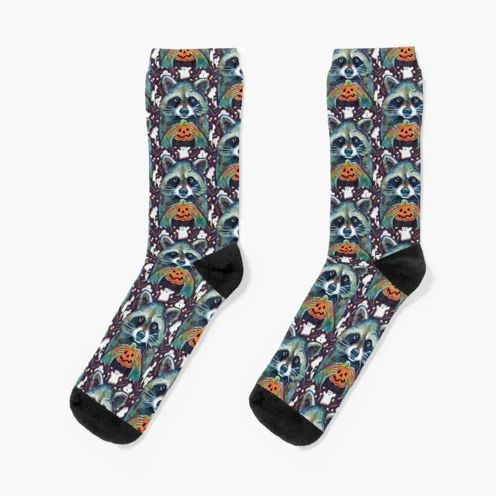 Halloween Raccoon with Jack O Lantern Cookie Socks basketball Novelties Men Socks Luxury Brand Women's