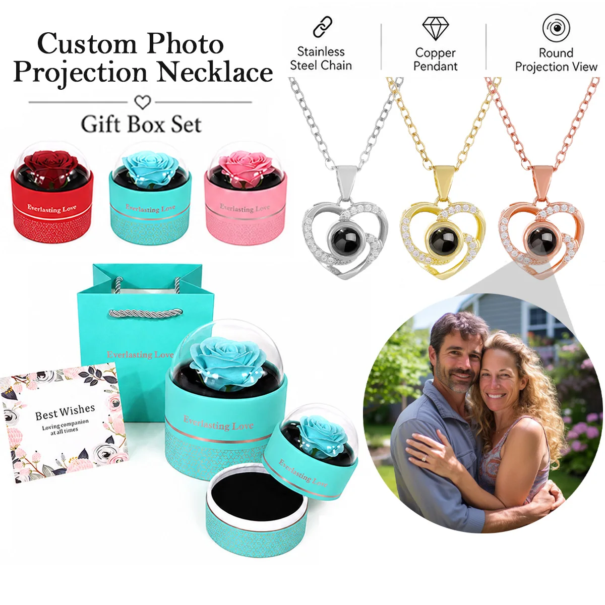 Custom Photo Projection Heart Necklace Rose Gift Box Set Stainless Steel Chain Anniversary Valentine's Mother's Day For Women