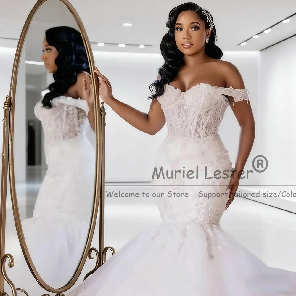

Elegant Lace Appliques Wedding Dresses For Bride Party Off Shoulder Mermaid Bridal Gowns Sweep Train Customized Robe De Mariee