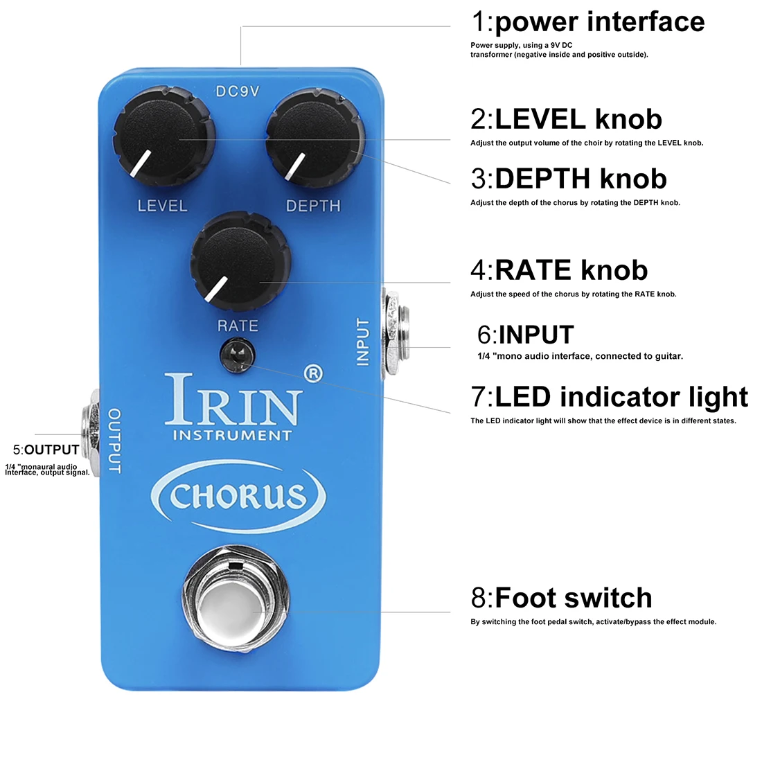 IRIN Guitar Chorus Effect Pedal True Bypass Analog Chorus Pedal Full Metal Shell Chorus Level/ Depth/ Rate Control Pedal