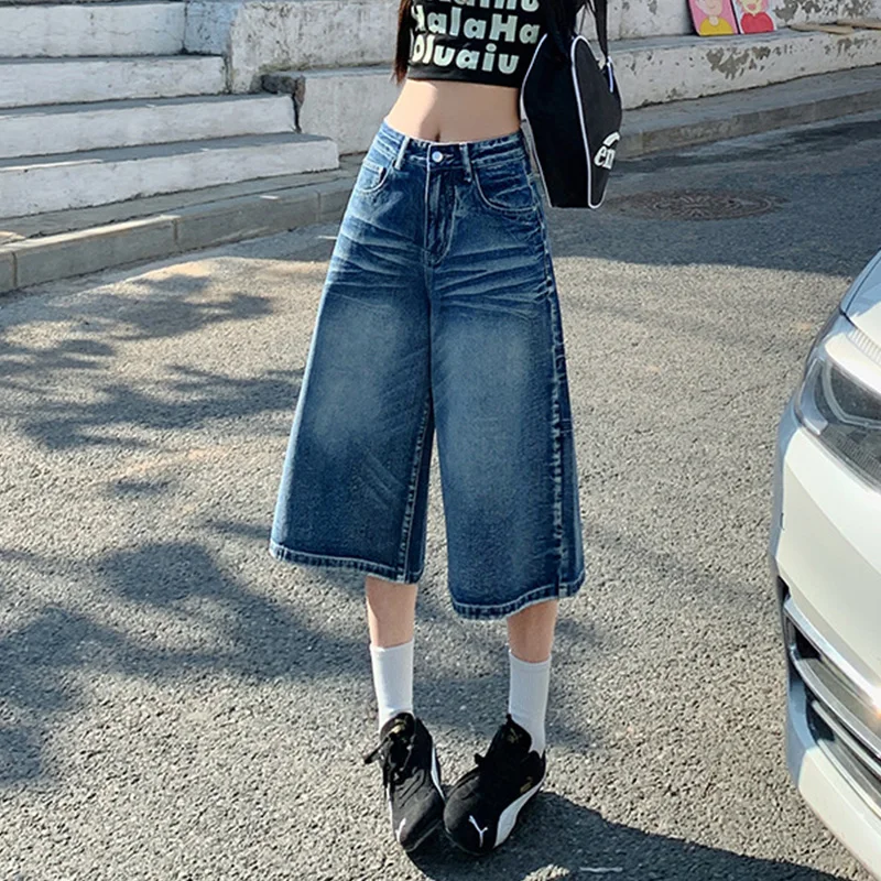 

High Street Vintage Women's Baggy Denim Pant Spring Summer Fashion High Waist Wide Leg Short Pants Female Mid-length Jeans