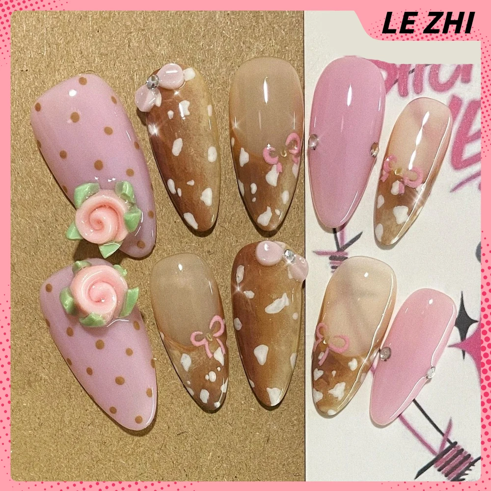 

10Pcs Y2K Long Almond Handmade Detachable Nails Party Sticker Flower Diamond Bowknot Polka Point French Press On Nails Gift