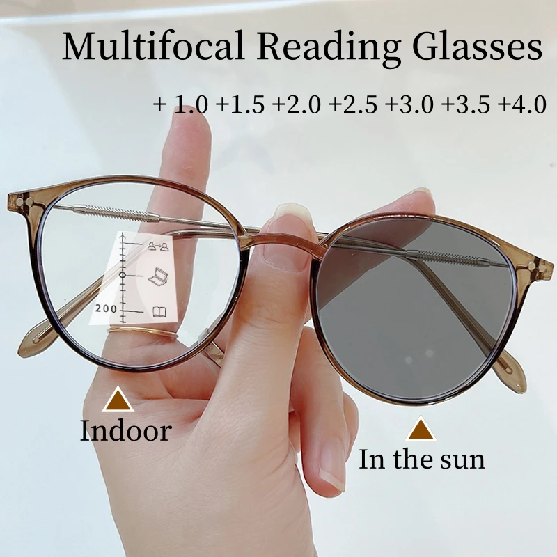 Women Men Retro Photochromic Multifocal Eyeglasses Retro Round Near and Far Reading Presbyopia Eyewear Color Changing Sunglasses