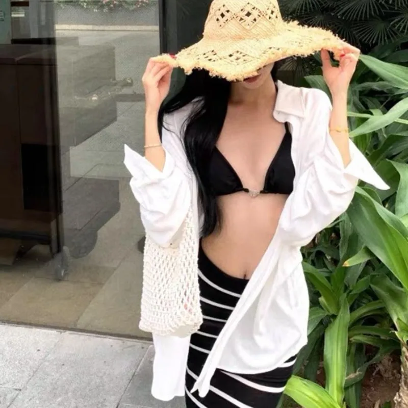 New Summer Korean Style Women's Swimsuit - Sexy Hottie Striped Bodycon Maxi Skirted, Slimming Beach Vacation Hot Spring Swimwear