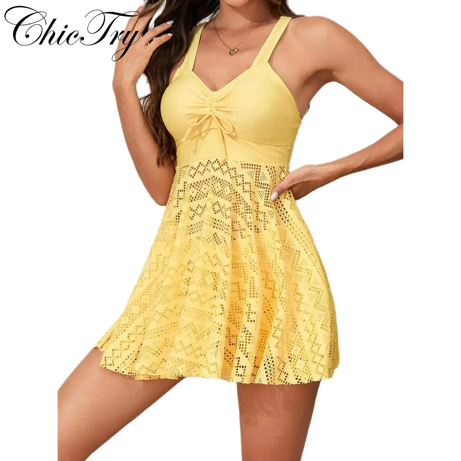 

Women's Swim Sets 2 Piece Swimsuits Hollow Out Hem Top with Bottoms Tankini Bathing Suit Beachwear Swimwear Swimming Outfits