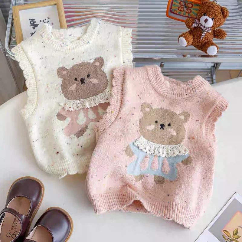 

01-Girls' Knitted Vest Autumn Wear2025New Stylish Children's Cartoon Baby Vest Outerwear Sleeveless Jacket for Spring and Autumn