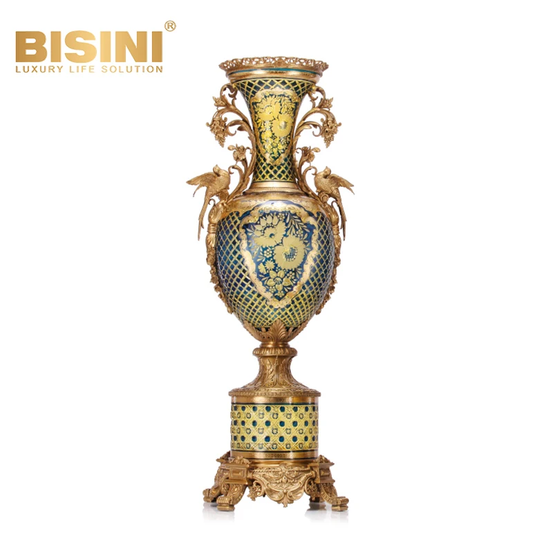 French Blue-green Copper with Colored Glass Vase Living Room Accessories Light Luxury Villa Entrance Floor Standing Glass Vase