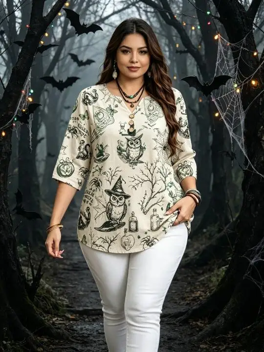 Vintage Halloween Gothic Print Plus Size Blouses Notch V Neck Wooden Buttons 3/4 Sleeve Loose Tops For Women Fall Outfit