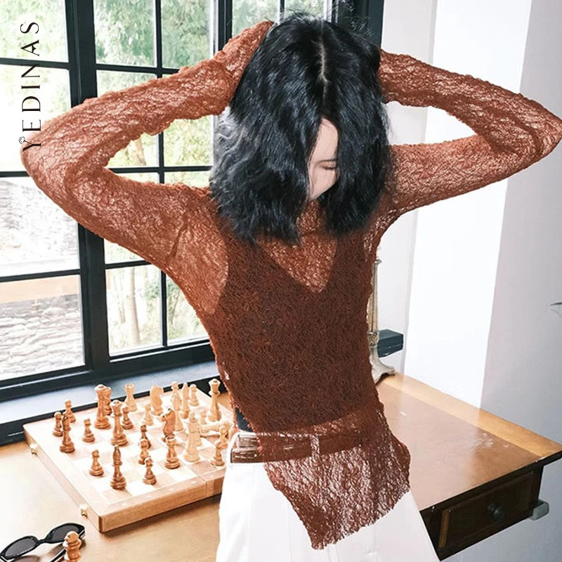 

Yedinas Hollow Out Lace T Shirt Women Clothes Long Sleeve Slim Sexy Korean Fashion Streetwear Summer Tops 2000s Clothes Y2k Tees