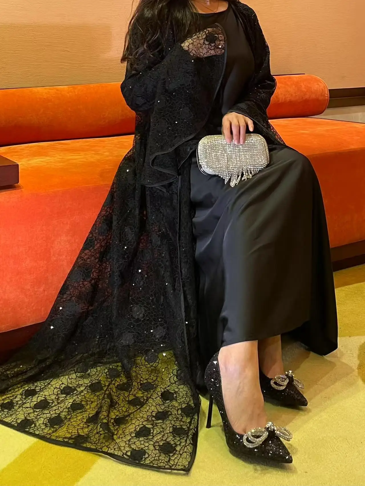 Abito Abaya da donna musulmana Set da 2 pezzi Manica svasata Pizzo con paillettes Raso Abito caftano marocchino Musulman Ensembles Abiti da cadigan