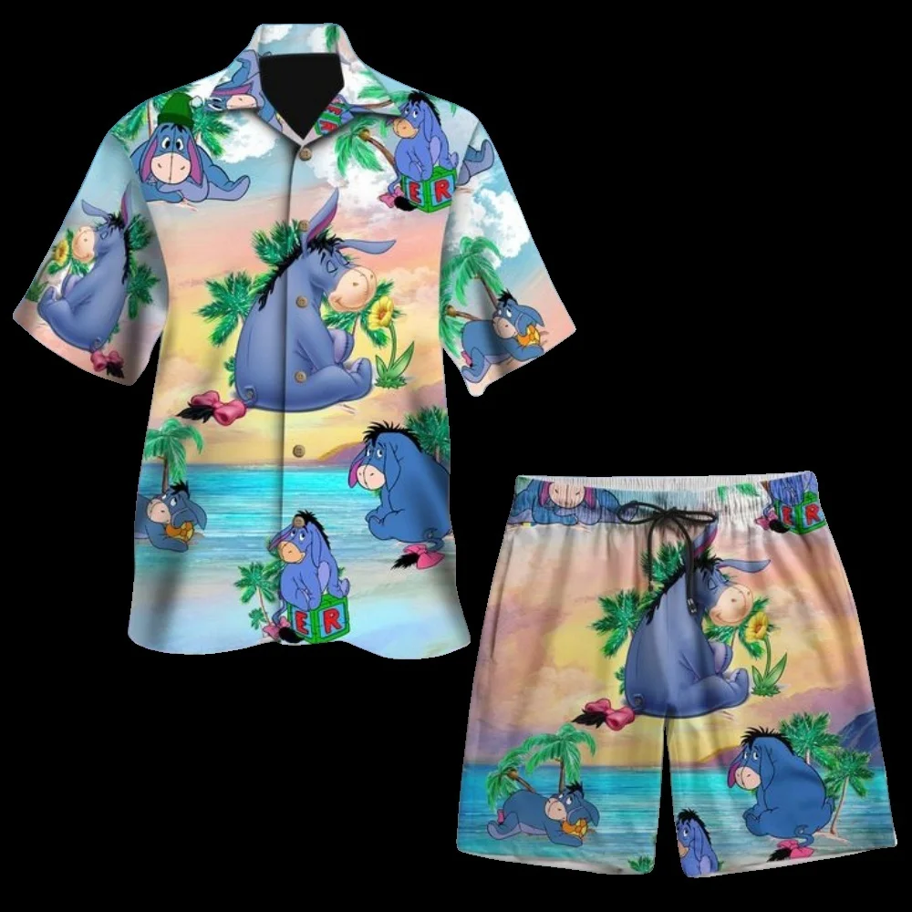 2025 New Disney Hawaii 3d Printed Shirt New Men's and Women's Fashion Cute Disney Eeyore Button Boys Suit Short Sleeve Shorts Be