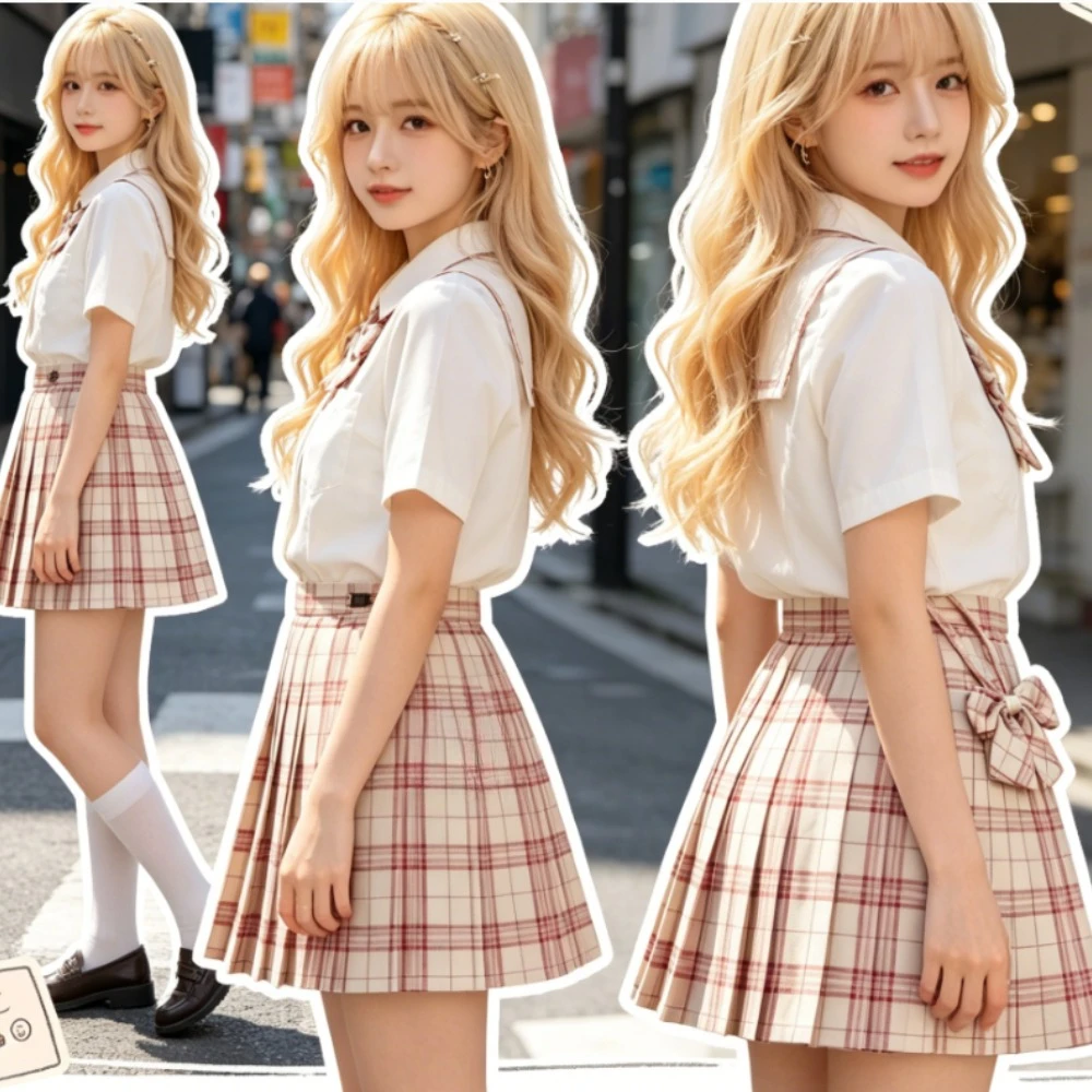 Sweet Japanese College Style Red Plaid Pleated Skirt, High Waist Slim JK Plaid Skirt School Uniform for Campus Daily Casual Wear