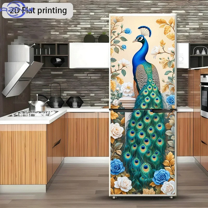 of Peacock Perched on Flowers Themed Design Wall Sticker, Self-Adhesive Wallpaper Suitable for Cabinets And Wardrobes, Modern