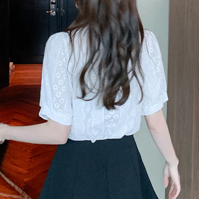 Women Korean Fashion Lace Sweet Button Up Shirt 2024 Summer Elegant Contrast Color Blouse Vintage Short Sleeve Tops Chic Blusas