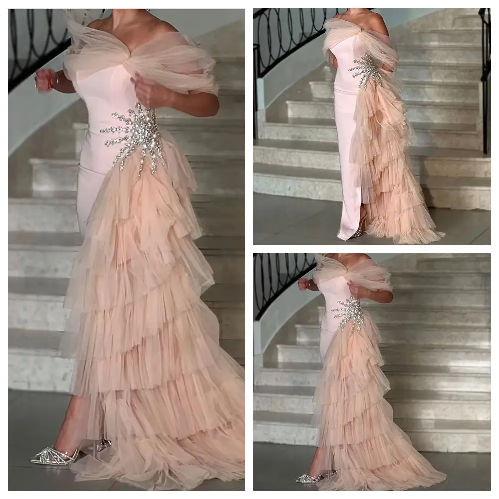 

Индивидуальные вечерние платья трапециевидной формы длиной до пола, с открытыми плечами, без рукавов, платье для выпускного вечера, модное многоуровневое драпированное вечернее платье с кристаллами