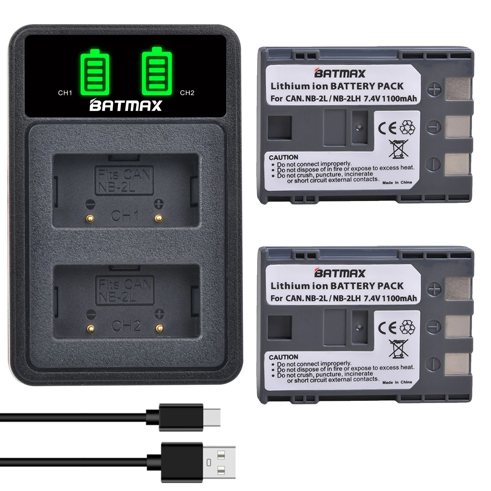 Batmax 1100mAh NB-2L NB-2LH Bateria + Nowa podwójna ładowarka LED USB z portem typu C do Canon EOS 400D S80 S70 S50 S60 350D G7 G9