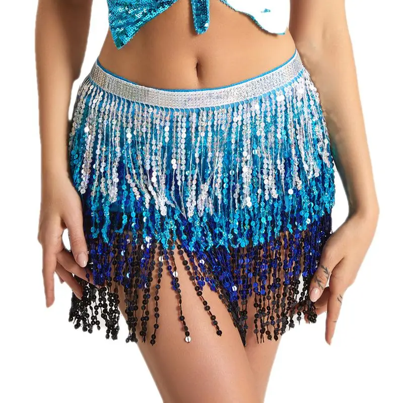 

Women Shiny Sequins Tassels Carnival Rave Performance Belly Dance Costume Hip Scarf Wrap Skirt