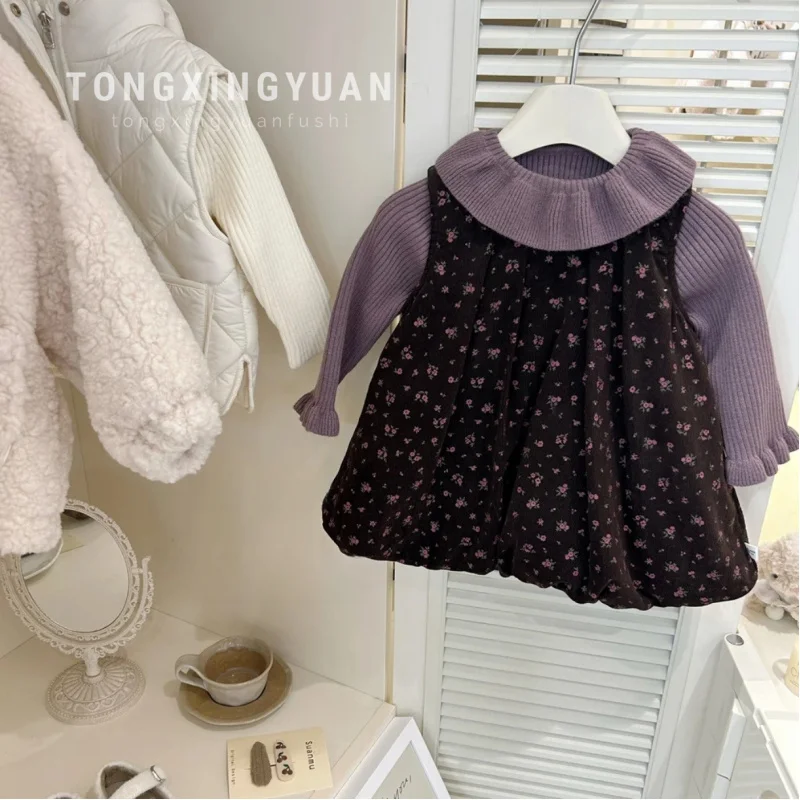 

Children's Clothing Girls' Autumn and Winter New Purple Lotus Leaf Sweater Baby Fashionable Floral Vest Skirt Two-Piece Set