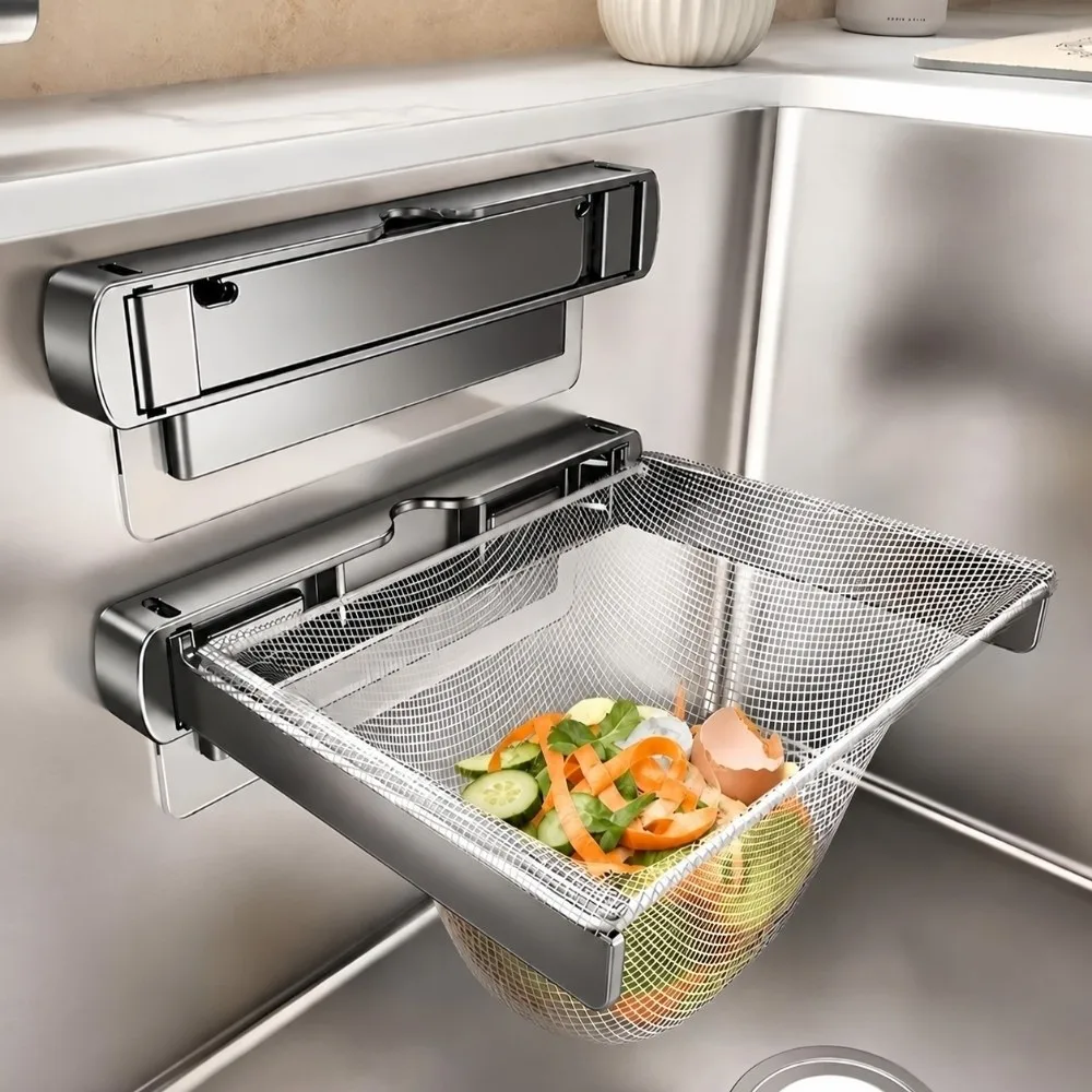 Stainless Steel Sink Strainer Holder Foldable Wall Mounted Kitchen Sink Filter Holder Disposable Filter Mesh Sink Filter Rack