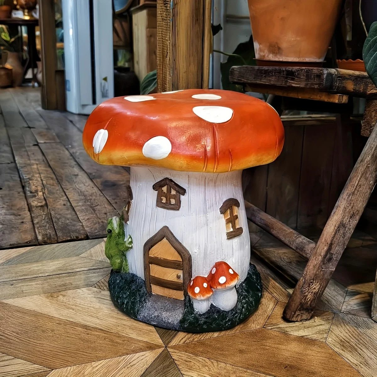 l13.4" Mushroom House Garden Stool, Oversized Resin Sculpture & Fairy Forest Base, Decorative Stool for Home, Courtyard, Lawn, Indoor & Outdoor Spring & Summer Decoration view 2