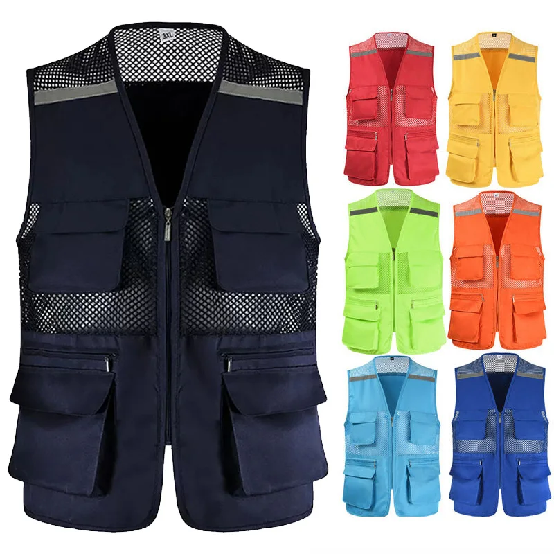 Reflective Men's Advertising Hollow Mesh Breathable Vest Multi Pockets Volunteer Quick Dry Working Vest Men Workwear for Tools