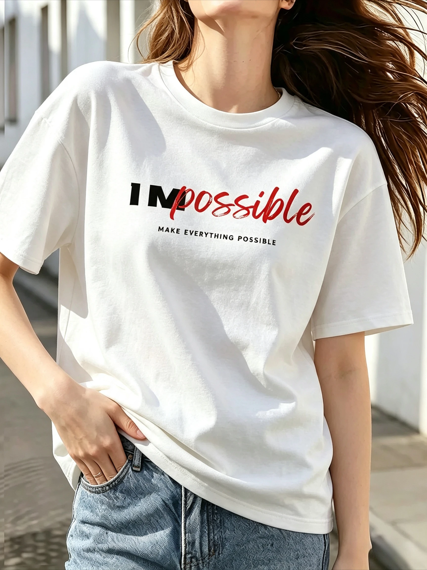 2026 Im Possible Inspirational Graphic White T-Shirt Oversized Soft Cotton Casual Tops Daily Outdoor Men Women Unisex