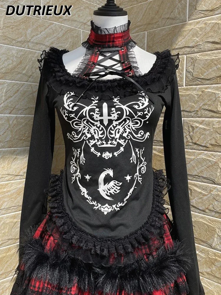 

Japanese Gothic Sweet Cool Premium Neck Strap Top Black Lace Waist Slimming Skinny T-Shirt and Short Skirt Two Piece Set