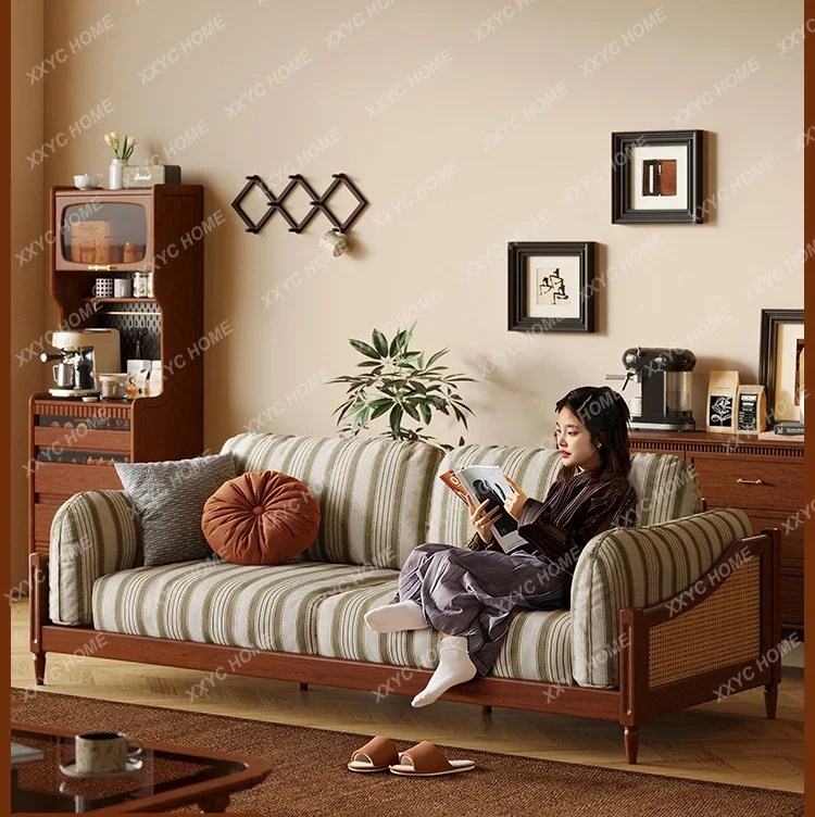 

French solid wood sofa living room full solid wood retro rattan cream style small apartment medieval straight row sofa