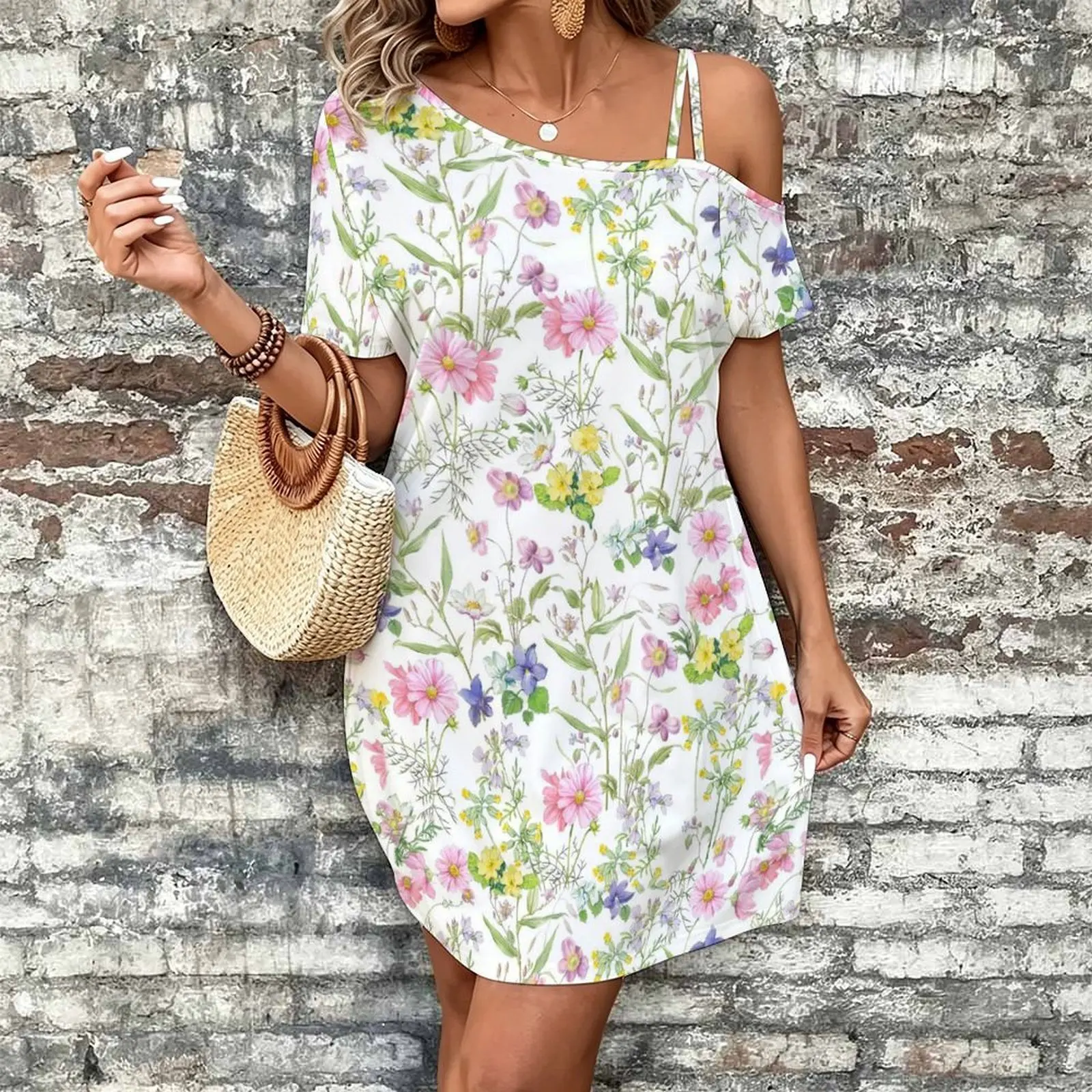 Women Print Cold Shoulder Short Sleeve Mini Dress Irregular Off Shoulder Casual Loose Tunic Dress
