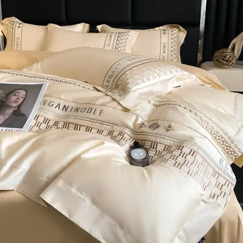 4Pcs High End Light Luxury Style High Count Long Staple Cotton 100% Cotton Embroidery  Bedding 200x230 220x240 Four Seasons