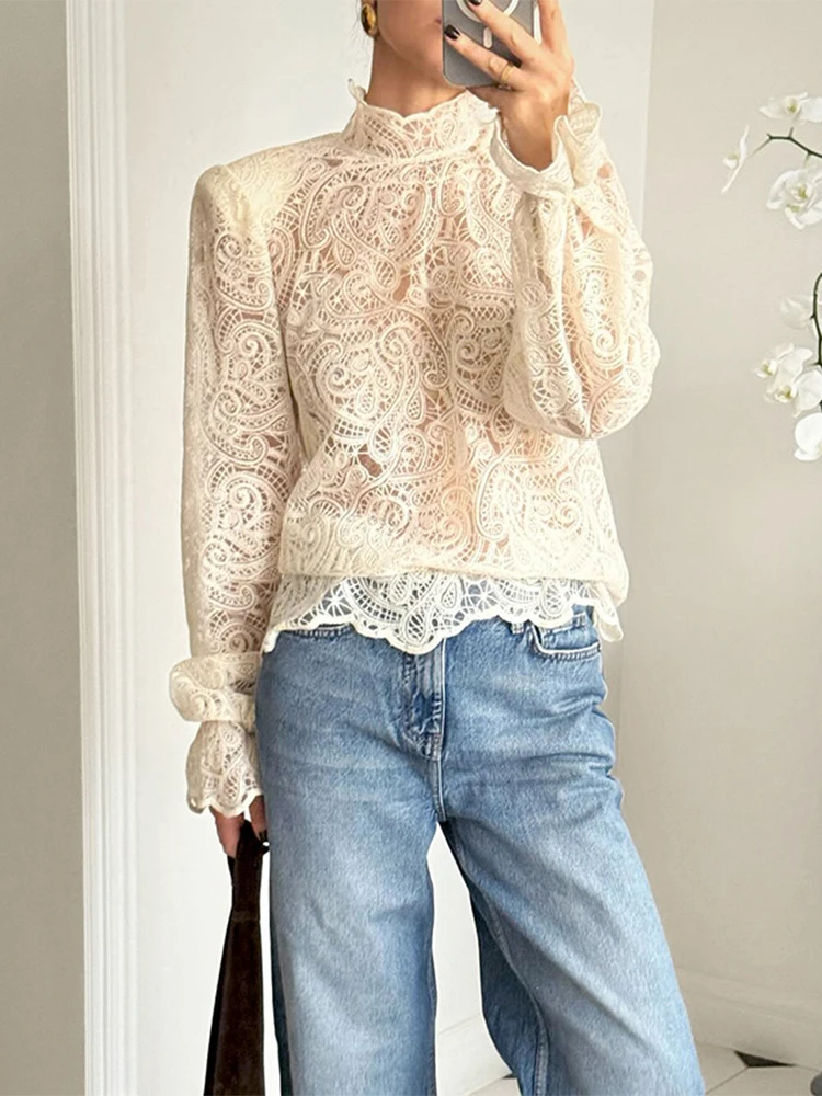 Trendix Lace Hollow Out Pullover Top Women 2026 Elegant See Through Embroidery Blouse Turtleneck Slim Ruffle Long Sleeve Tshirt