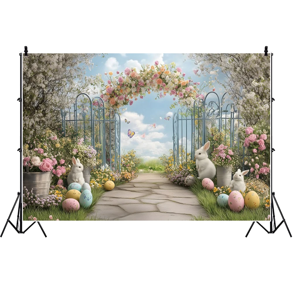 أرنب عيد الفصح خلفية عيد الفصح الأرنب الملونة البيض سياج الربيع حديقة التصوير خلفية عطلة الصورة استوديو تبادل لاطلاق النار