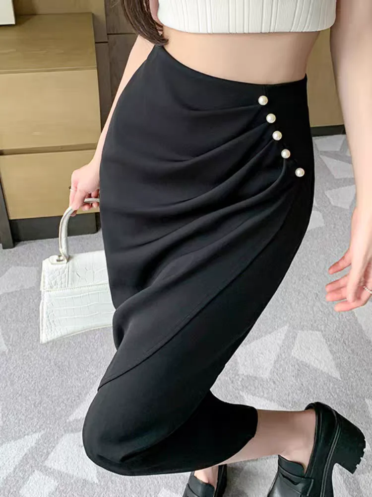 Women's Asymmetric Split Pencil Skirt Pleated Chiffon Skirt Spring Summer New High Waist Slim Office Midi Skirt