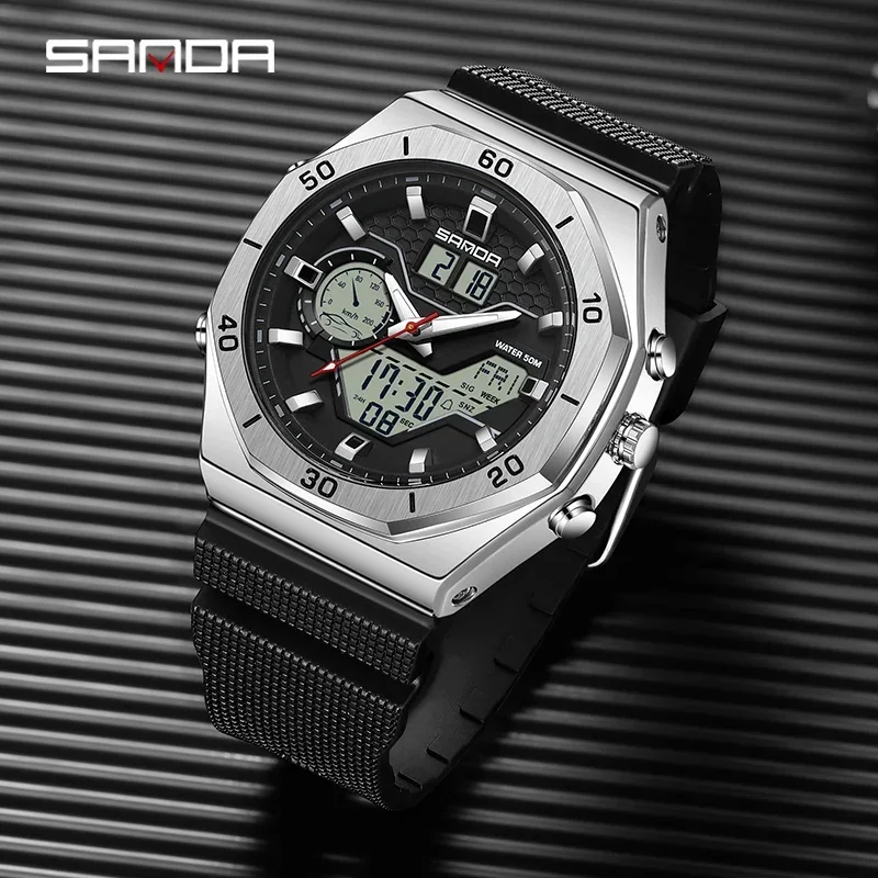 SANDA Orologio militare da uomo multifunzionale LED luminoso Doppio display Orologio elettronico Marchio di lusso 2024 Orologio da uomo di nuova moda 6209