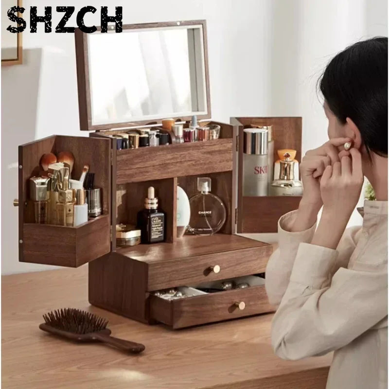 Black Walnut Makeup Organizer Square Multi-Layer Storage Boxes for Makeup Large Capacity HD Makeup Mirror Stand