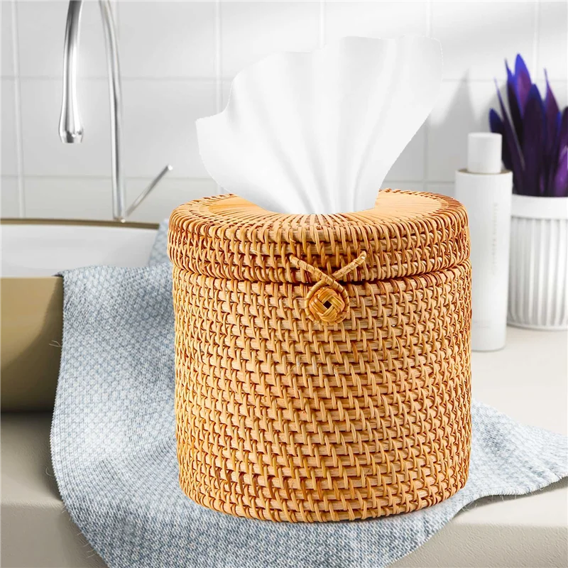 A23E-Rattan Tissue Box Toilet Paper Cover Wicker Decorative Holders With Lid For Storage Single Roll And Tissues In Bathroom