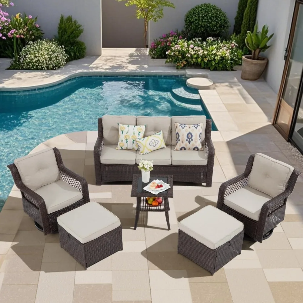 

6 Pieces Patio Furniture Set, Patio Conversation Sets with Wicker Swivel Chair for Backyard Garden (Dark Beige)