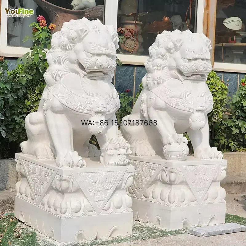Wmwmnu for YOUFINE Traditional Marble Chinese Foo Dog Sculpture Statue Customized Size for Outdoor Garden Decor