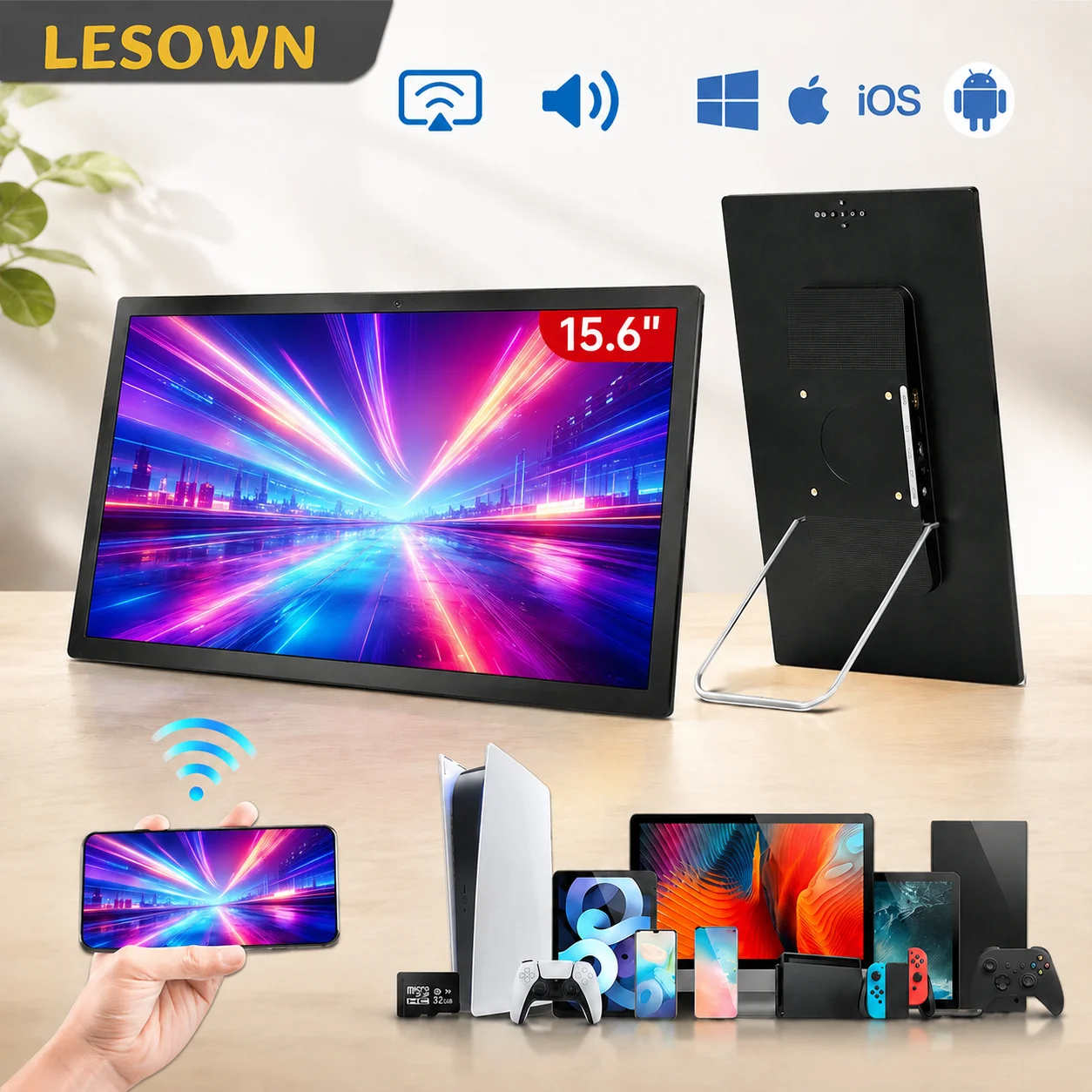 LESOWN 15.6 Inch Portable Monitor FHD 1080P Wireless Display AirPlay Miracast Second Screen with Stand