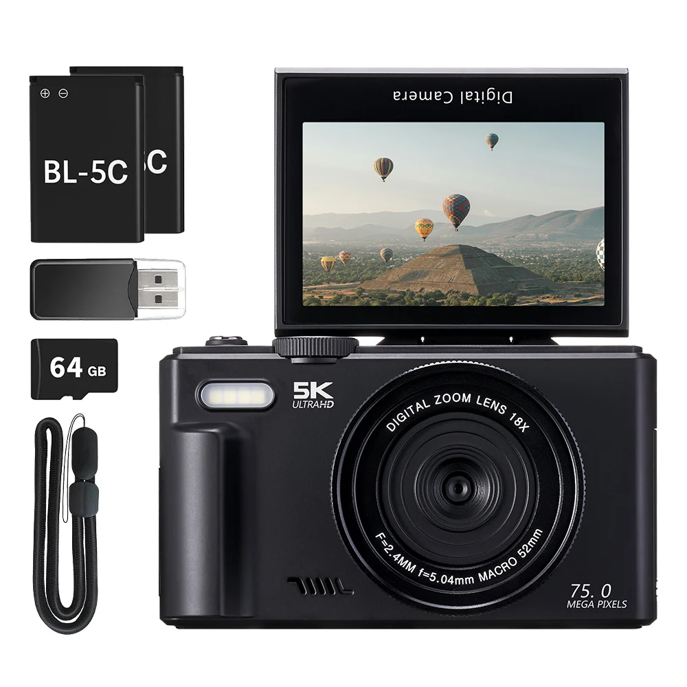 Appareil photo numérique 75MP pour la photographie, Zoom numérique 5K 18X, enregistreur vidéo Vlog Vintage pour YouTube 180 °   Selfil à écran rabattable WiFi