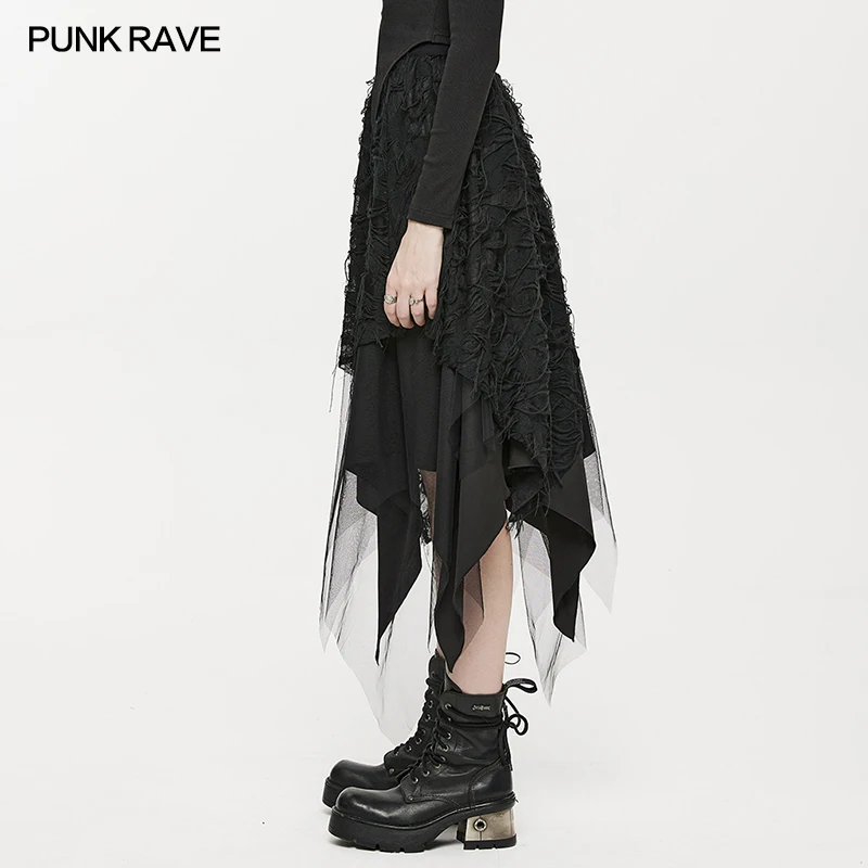 PUNK RAVE Women\'s Punk Style Dry Butterfly Asymmetrical Half Skirt Fashion Mesh Burnt and Tattered Female Black