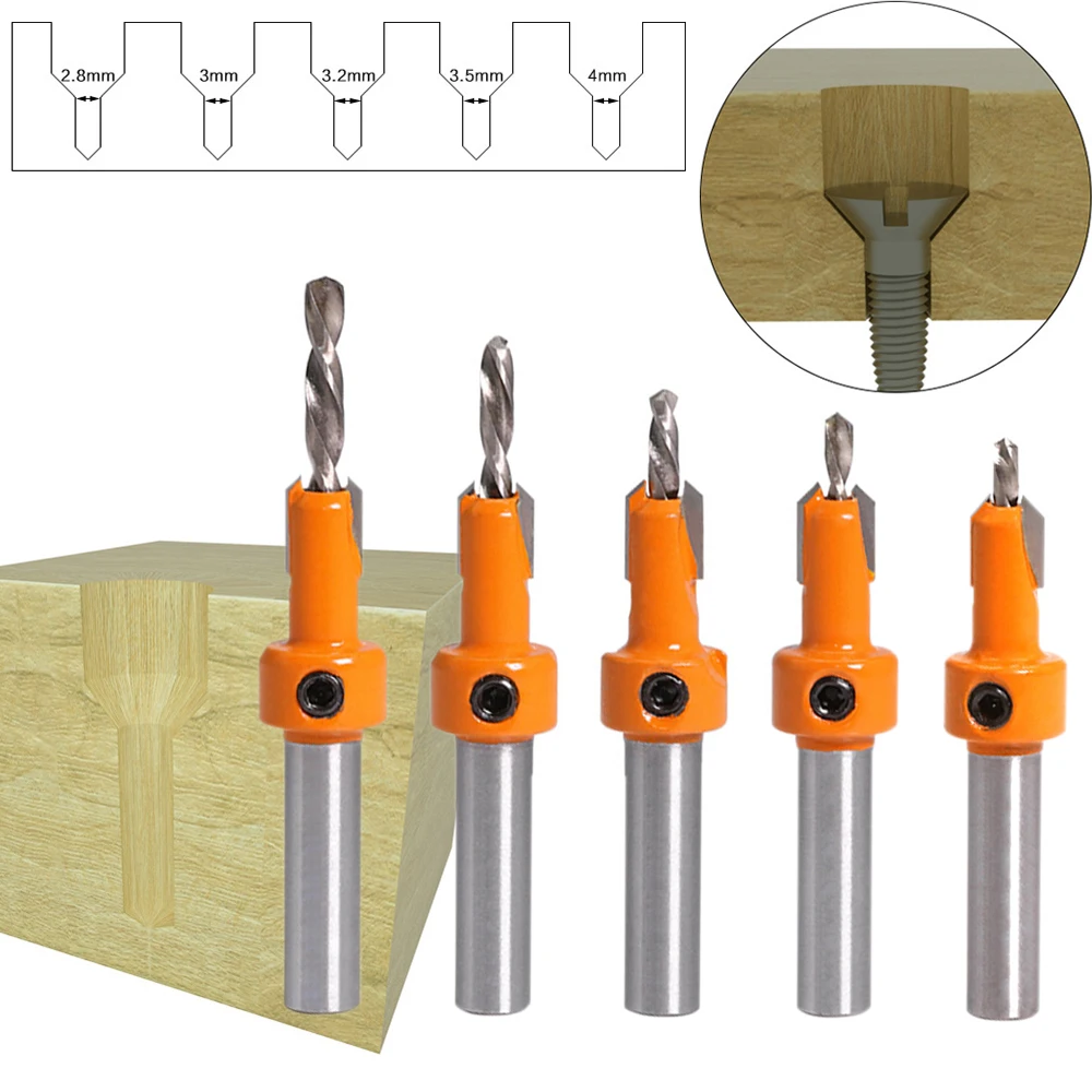 5pcs Countersink Drill Bit Screw Woodworking Chamfer Tool Quick Change Wood Hole Drills Bit Round Shank Timber Plastic Working