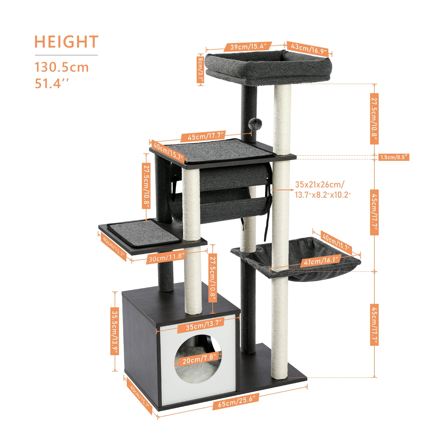 Height 130.5CM Cat Tree Condo Multi-Level Platform Tower Sisal Scratching Post for Kitten Cat Climber Perches Tunnel Hummock Bed